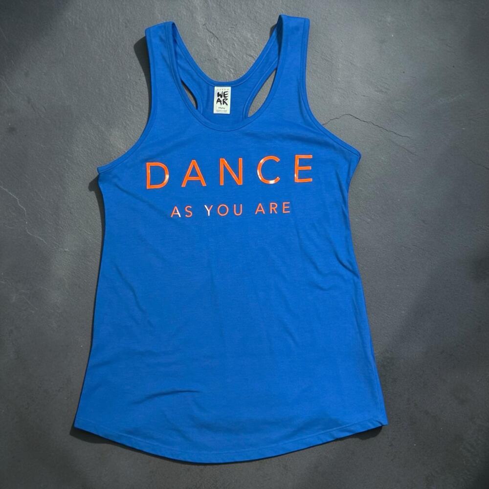 Zumba Wear Racer Back Tank Royal Blue Orange DANCE AS YOU ARE Graphic Size XS